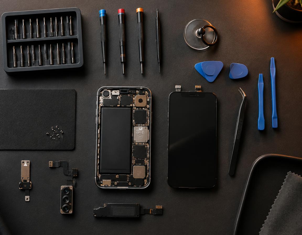 Ferramentas de reparo de celular sobre bancada